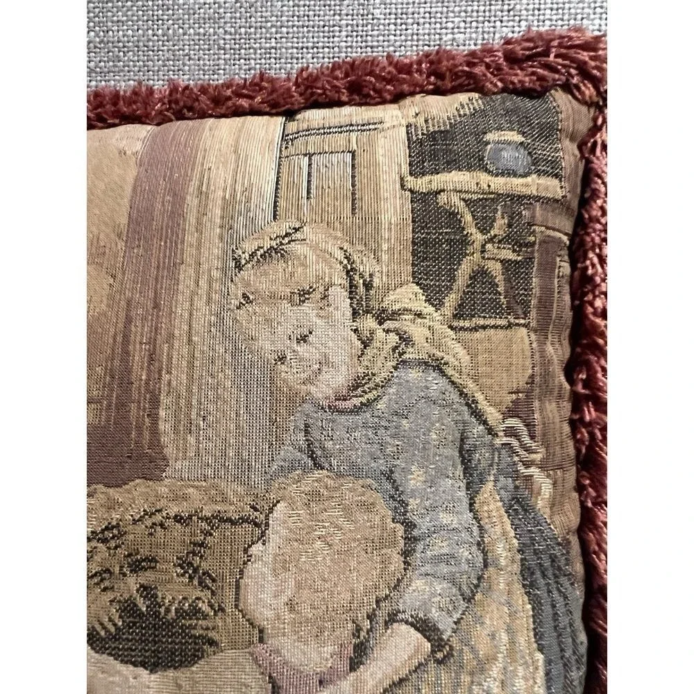Antique FRENCH TAPESTRY w/‎ LITTLE GIRL TAKING BROKEN BASKET to the BASKET MAKER